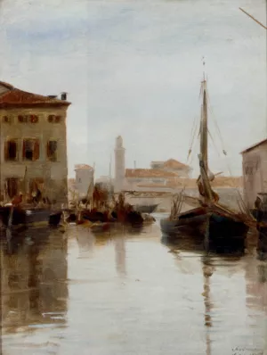 Vessels Moored on a Venetian Backwater by Adolf Schwarz - Oil Painting Reproduction