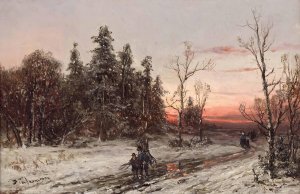Die Heimkehrenden Reisigsammler Am Winterabend by Adolf Stademann Oil Painting