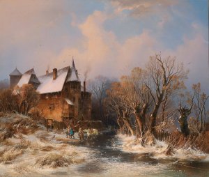 River Landscape In Winter With House And Decorative Figures by Adolf Stademann Oil Painting