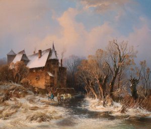 River Landscape in Winter with House and decorative figures by Adolf Stademann Oil Painting