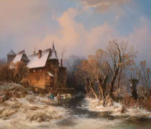 River Landscape in Winter with House and decorative figures by Adolf Stademann Oil Painting