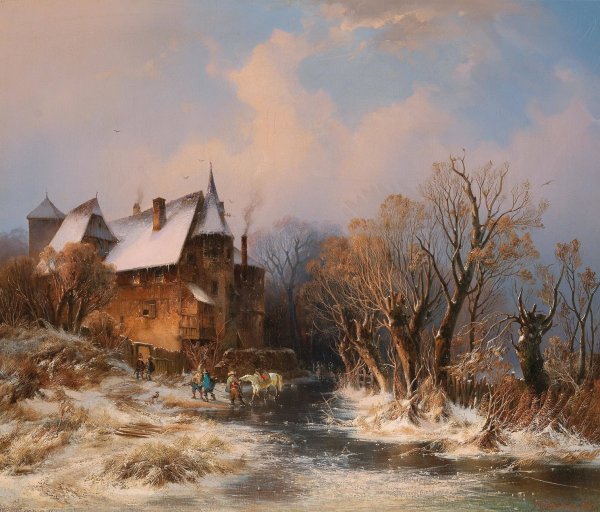 River Landscape in Winter with House and decorative figures by Adolf Stademann - Hand-Painted Oil Painting Reproduction
