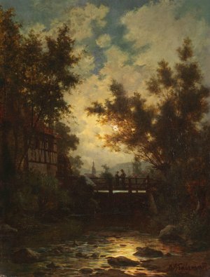 Vollmondnacht am Dorfbach Oil painting by Adolf Stademann