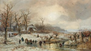Winter Amusements in the Setting Sun by Adolf Stademann Oil Painting