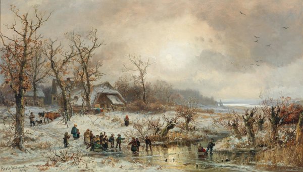 Winter Amusements in the Setting Sun  by Adolf Stademann - Hand-Painted Oil Painting Reproduction