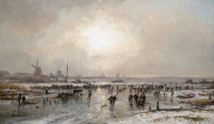 Winterliches Eisvergnugen auf einem zugefrorenen Kanal vor hollandischer Stadtsilhouette by Adolf Stademann Oil Painting