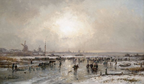 Winterliches Eisvergnugen auf einem zugefrorenen Kanal vor hollandischer Stadtsilhouette by Adolf Stademann - Hand-Painted Oil Painting Reproduction