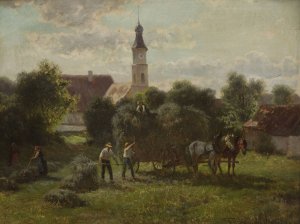 Carting hay with a view of the village and the church by Adolf Van Der Venne Oil Painting