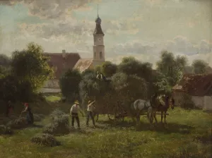 Carting hay with a view of the village and the church by Adolf Van Der Venne Oil Painting