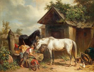 Pferde am Bauernhof by Adolf Van Der Venne Oil Painting