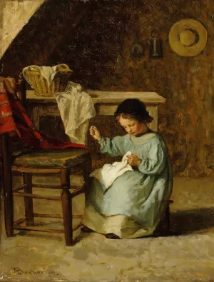 Girl Sewing by Adolf Von Becker Oil Painting