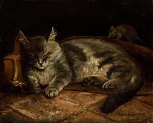 Sleeping Grey Cat And A Rat by Adolf Von Becker Oil Painting