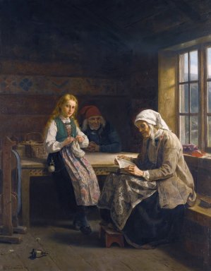 A Hardanger Interior, Young Girl Knitting by Adolph Tidemand Oil Painting