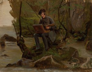 A Painter at his Paint Box by Adolph Tidemand Oil Painting