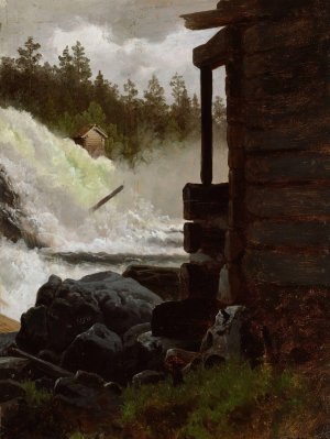 A Waterfall by Adolph Tidemand Oil Painting