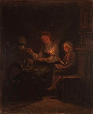 By the Spinning Wheel by Adolph Tidemand Oil Painting
