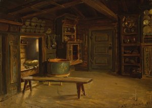 Farm Interior from Gulsvik in Hallingdal by Adolph Tidemand Oil Painting