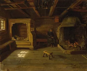 Farm Interior from Skjonne in Numedal by Adolph Tidemand Oil Painting