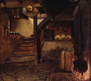 German Kitchen by Adolph Tidemand Oil Painting