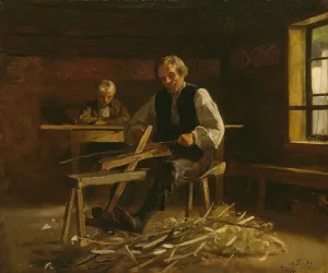 Interior from Vikoy with Farmer making Barrel Hoops Oil painting by Adolph Tidemand