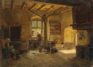 Kitchen Interior by Adolph Tidemand Oil Painting