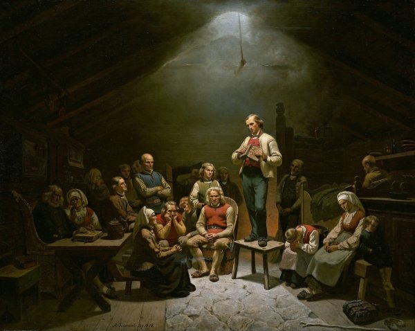 Main Product Photo of Low Church Devotion Painting by Adolph Tidemand