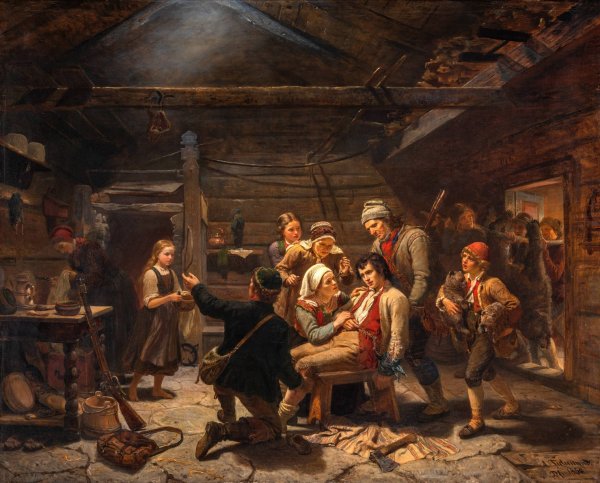 The Wounded Bear Hunter  by Adolph Tidemand - Hand-Painted Oil Painting Reproduction