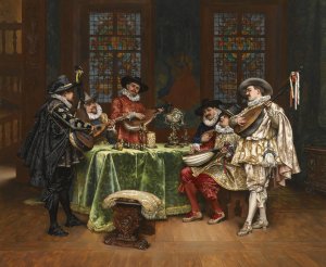 Interior with troubadours by Adolphe-Alexandre Lesrel Oil Painting