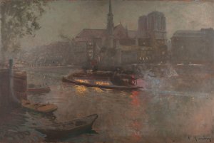 Bateau-Mouche sur la Seine, le soir, devant Notre-Dame by Adolphe-Ernest Gumery Oil Painting