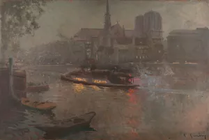 Bateau-Mouche sur la Seine, le soir, devant Notre-Dame Oil painting by Adolphe-Ernest Gumery