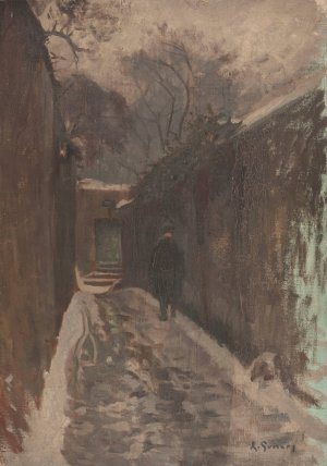 La rue Berton sous la neige by Adolphe-Ernest Gumery Oil Painting