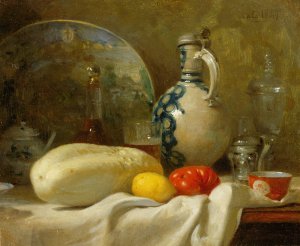 Still Life with a Cucumber and a Pitcher by Adolphe-Felix Cals Oil Painting