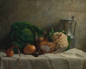Still Life with Vegetables, Partridge, and a Jug by Adolphe-Felix Cals Oil Painting