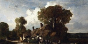 A Man in a Boat by a Cottage in a Wooded River Landscape