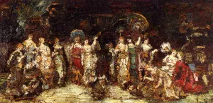 Cock Fight in Front of a Group of Young Women by Adolphe Joseph Monticelli - Oil Painting Reproduction