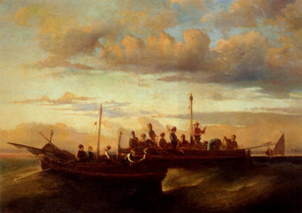 Main Product Photo of Italian Fishing Vessels at Dusk Painting by Adolphe Joseph Monticelli