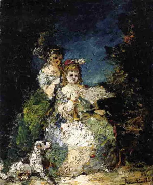 Young Girls and Dog in a Park by Adolphe Joseph Monticelli Young Girls and Dog in a Park Oil painting by Adolphe Joseph Monticelli