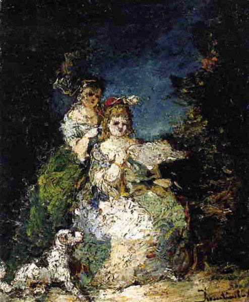 Main Product Photo of Young Girls and Dog in a Park Painting by Adolphe Joseph Monticelli