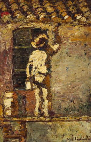 A painter at work on a house wall by Adolphe Monticelli Oil Painting