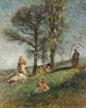 A Young Family Under Trees On A Hill by Adolphe Monticelli Oil Painting