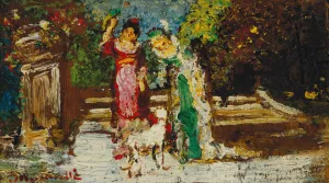 Deux Femmes Et Chien Oil painting by Adolphe Monticelli