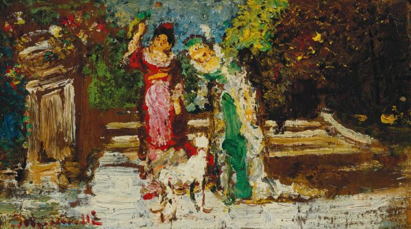 Main Product Photo of Deux Femmes Et Chien Painting by Adolphe Monticelli