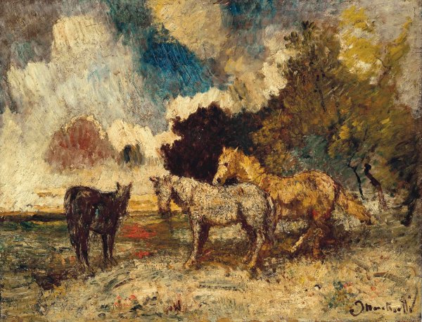 Les trois chevaux by Adolphe Monticelli - Hand-Painted Oil Painting Reproduction