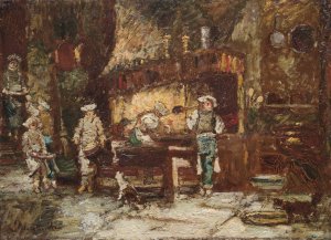 The Kitchen of the Rotisserie des Deux Paons by Adolphe Monticelli Oil Painting