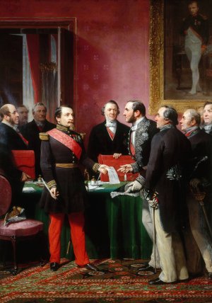 Napoleon III remettant au baron Haussmann le decret d'annexion des communes limitrophes by Adolphe Yvon Oil Painting