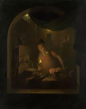 Kitchen by Lamplight Oil painting by Adriaan Meulemans
