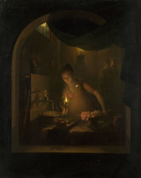 Main Product Photo of Kitchen by Lamplight  Painting by Adriaan Meulemans