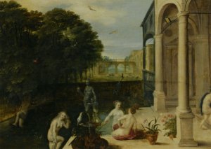 Nymphs Bathing in a Classical Garden Setting