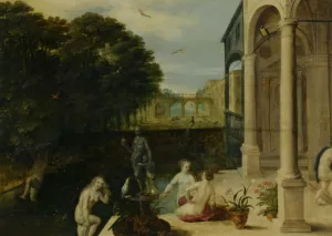 Nymphs Bathing in a Classical Garden Setting by Adriaan Van Stalbemt Oil Painting