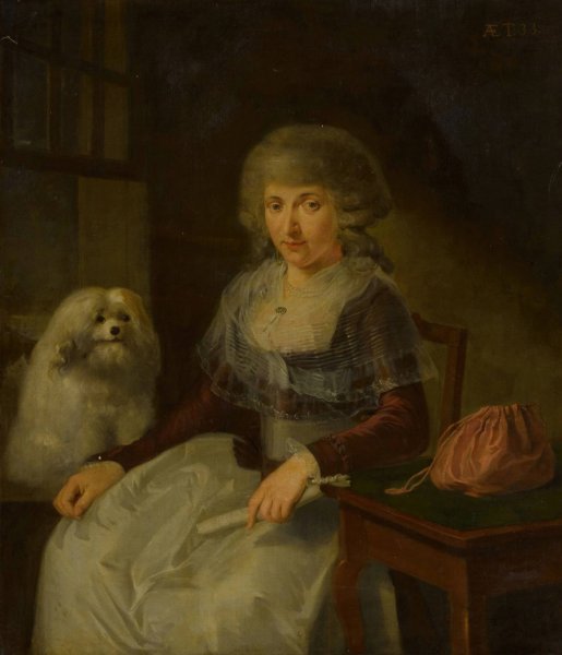 Elderly woman with her dog  by Adriaen De Lelie - Hand-Painted Oil Painting Reproduction